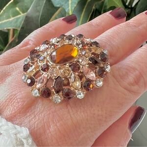 Giant Chunky Crystal Cocktail Ring Amber Topaz Jewel Tones - Size 8.75